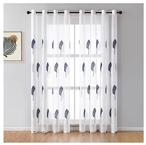 Banemi Voile Gardinen mit Ösen, Vorhänge Wohnzimmer 2er Set Polyester Blätter-Muster Schlafzimmer Deko 107x244cm Dunkelblau