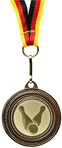 Pokal-Fabrik.de - 20 Stück Bowling Medaillen Kindergeburtstag aus Metall mit Band und Emblem für Kinder als Mitgebsel - mit schwarz rot goldenem Band