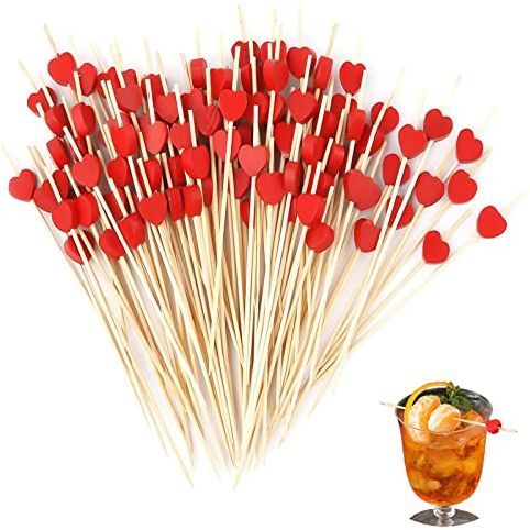 aghoer Pinchos De Cóctel Corazón Rojo, Palillos De Bambú con Deco, 100 Piezas, Adecuado para Bar, Fiesta Y Decoración De Fiestas