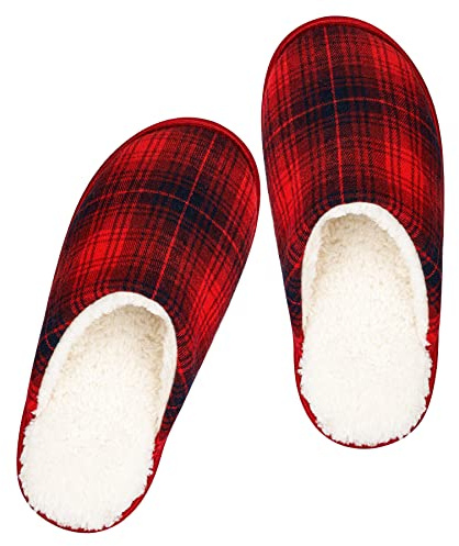 riemot Herren Hausschuhe Warm Plüsch Winter Pantoffeln Weiche Atmungsaktive rutschfeste Slipper für Indoor & Outdoor Schwarz Rot Kariert 44/45 EU