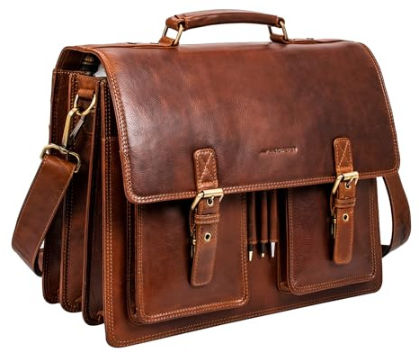 Marc Peter Amsterdam Aktentasche Leder XL Lehrertasche mit Laptopfach 15,6 Zoll große Ledertasche zum Umhängen Trolley aufsteckbar Swedish Bräune Leder
