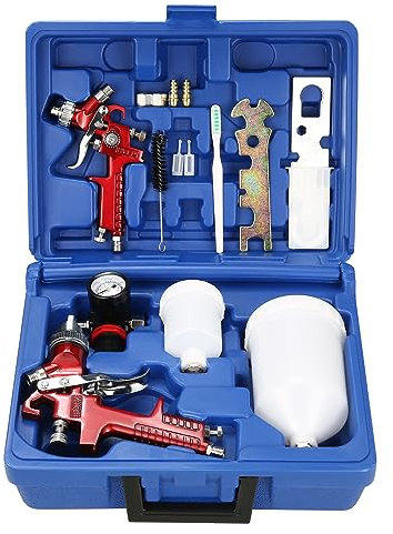 HVLP Air Gravity Spray Gun Set, 2Pcs Sprayer Paint Gun with 0.8mm 150ml&1.4mm 600ml Automotive Paint Gun with Locking Air Pressure Regulator Gauge Air Spray Gun for Furniture, Car, Fence,Model Making