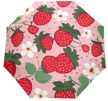 GAIREG Regenschirm mit Erdbeere und Blumenmuster, faltbar, automatisches Öffnen und Schließen, kompakt, winddicht, Rosa