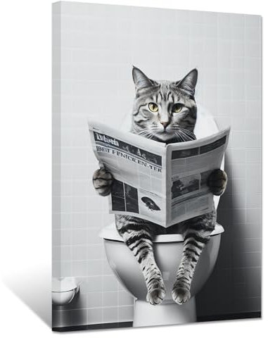 ZXHYWYM Lustige Badezimmerbilder süße Katze die Zeitung auf der Toilette liest Poster schwarz weiße Tier Leinwanddrucke für rustikale Bauernhaus Toilette gerahmt(Bild-3, (30.00 x 45.00 cms))