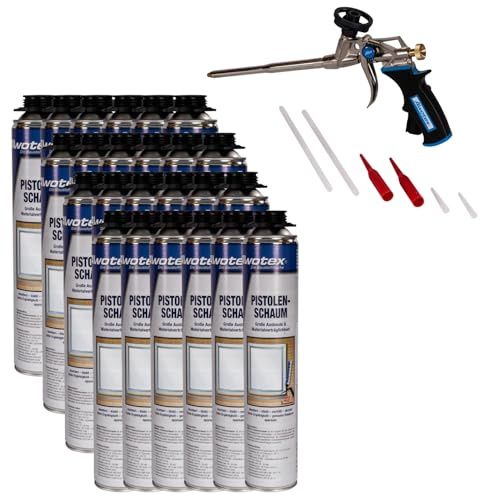 AWOTEX Profi-Schaumpistole & 24 x Pistolenschaum B2 750 ml 1-K I robuste Bauschaum-Pistole mit gummiertem Handgriff I PU-Schaumpistole mit Abzugssicherung I Bauschaum Dämmschaum ohne FCKW & HFCKW