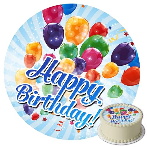J&M DECO Tortenaufleger Happy Birthday – essbare Kuchendeko Ø 20 cm – bunte Tortendekoration für Geburtstagstorte – Zuckerpapier Tortenbild – gebrauchsfertig – Made in EU