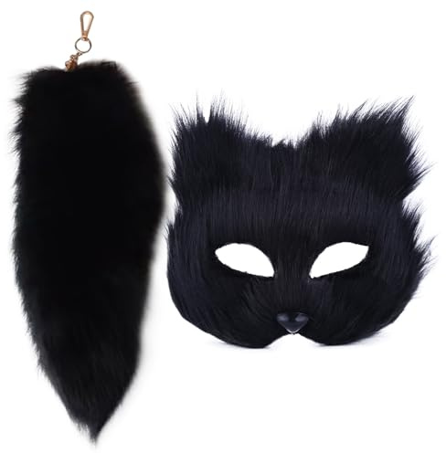 SWEETBIUTI Masque de chat et queue de renard fourrée - Porte-clés 40,6 cm - Masque de bal masqué cosplay - Accessoire de fête - Noir