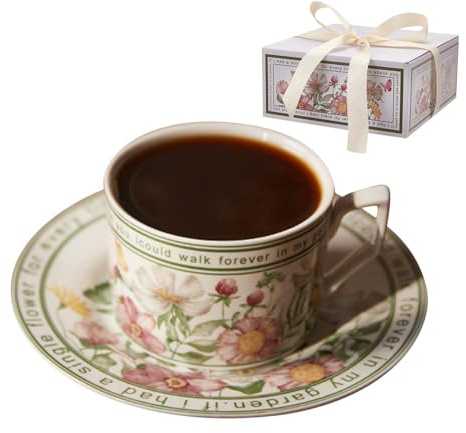 Wezalget Taza de café de cerámica con platillo,Taza de café de flores con platillo | Taza de café con flores de 240 ml,Taza de café con platillo Juegos de taza y platillo Diseño lindo y creativo