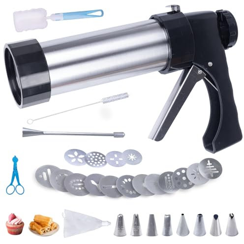 Churro Maker,Churros Maker Machine,Cookie Press,Cookie Press Gun,Churro Machine with 16 Cookies Discs,8 Piping Nozzles,2Brushes,1 Piping Bag,2 Brush,1 Piping Scissors and Operation Instruction