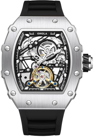 DAXIAOYU Mode Tonneau silikonrem helautomatiska klockor för män urholkade roder svänghjul mekanisk klocka Tourbillon skelett vattentät armbandsur, Silversvart, Lyx