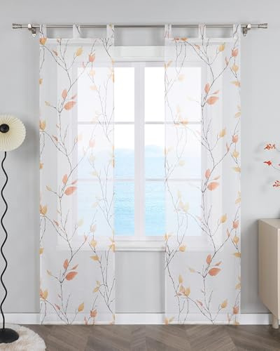 ESLIR Schiebegardinen Set 2er Flächenvorhänge Schlaufenschals Gardinen mit Schlaufen Schiebevorhang Transparent Vorhang mit Blätterdruckmuster Landhaus Orange BxH 57x145 cm 2 Stück