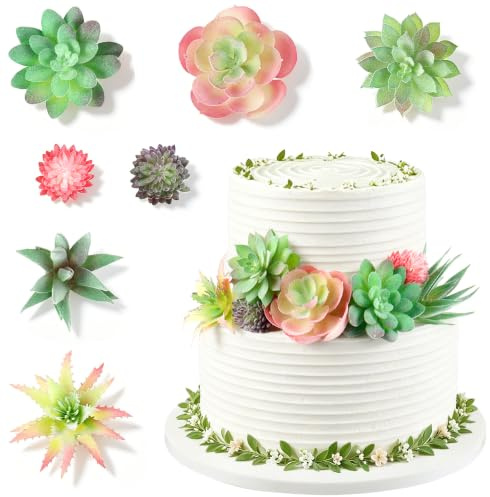 7 Stück künstliche Sukkulenten Kuchentopper Grünpflanzen Kuchendekorationen | Sukkulenten Dekoration für Babyparty Grünpflanzen Kuchen Deko für Geburtstag Sukkulente für Hochzeit Brautparty und Verlobung