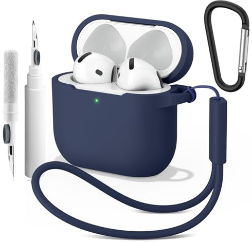 Wanme Funda para AirPods 4 con bolígrafo limpiador, funda protectora de silicona para Apple Airpods Generation 4 con mosquetón, LED frontal visible, azul medianoche