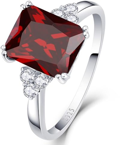 Bonlavie Ruby Engagement Rings for Women 925 Sterling Silver Rings with 10x8mm Emerald Cut Red Gemstone Birthstone Ring for Valentines Thanksgiving Day Size N