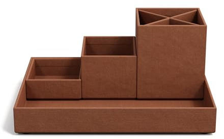 BIGSO BOX OF SWEDEN LENA Schreibtisch Organizer für Stifte, Büroklammern, Haftnotizen usw. – Sortierkasten mit 4 Fächern – Ordnungssystem aus Faserplatte und Papier in Leinenoptik – sienna