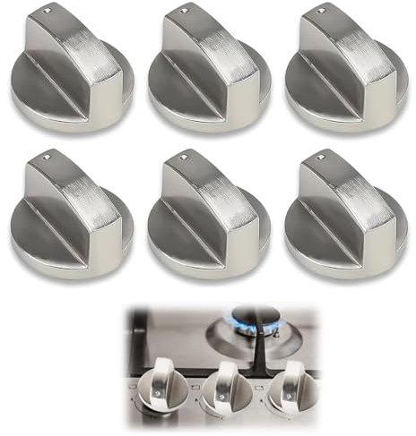 Wjelet 6 Pcs Cooker Knobs, 6mm Gas Hob Knobs, Zinc Alloy Durable Heat-Resistant Stove Knob Control Switches,Universal Replacement for Gas Hobs, Ovens, Cooktops(Silver)