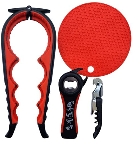 Abrebotellas y abrebotellas 4 en 1 – para vasos de rosca, latas, botellas de vino – Mango ergonómico para personas mayores y artritis (manos débiles) (rojo-negro)