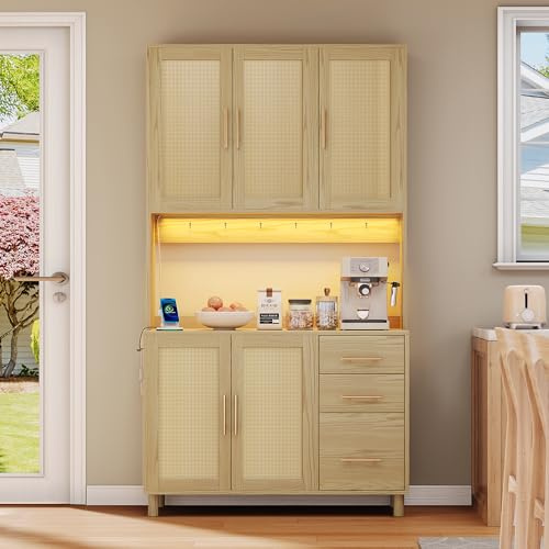 LARFOEK Küchenschrank mit Arbeitsplatte, Buffetschrank mit LED-Beleuchtung, Sideboard mit 3 Schubladen, Verstellbaren Ablagen, Ideal für Küche, Wohnzimmer, Esszimmer, 100 x 40 x 183cm (Natürlich)