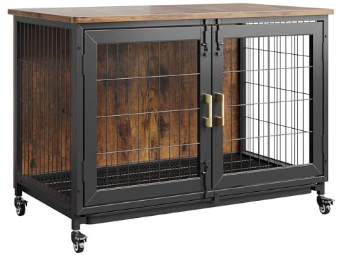 Hundekäfig 95x55.9x65Cm, Hundebox Holz Und Karbonstahl, Haustierkäfig Mit 2 Türen, 4 Rädern, Hundehütte Indoor Outdoor, Hundegitterbox Hundenäpfen, Hundekäfig Für Zuhause, Kleine/Mittlere/Große Hunde