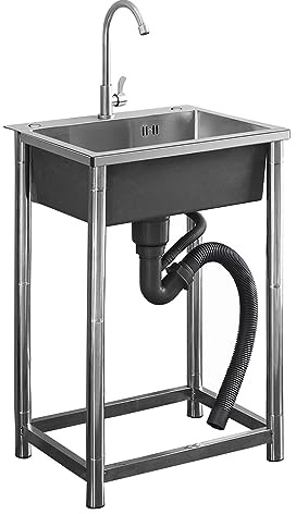 Lavello mobile in acciaio inox commerciale con rubinetto, portatile, vasca singola, lavabo, per uso esterno, cortile, garage (72 x 45 x 75 cm)
