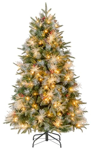 COSTWAY 5 FT Pre-Lit Artificial Christmas Tree, Hinged Holiday Xmas Tree with 602 PE & PVC & PET Branch Tips, 190 Warm White LED Lights, 8 Modes, Pine Cones, Berries, Metal Stand, Home Party Decor