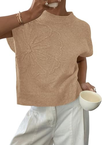 PRETTYGARDEN Women's 2026 Spring Sweater Vest Trendy Flower Knit Short Sleeve Cute Pullover Tank Tops Summer Fashion Clothing (Khaki,Medium)