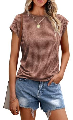 Chicrise Camiseta Mujer Verano Moda Manga Corta Blusa Básica Punto Cuello Redondo Jersey Transpirable Finos Marrón X-Grande 46-48 XL