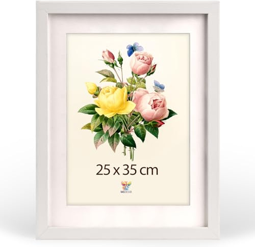 MG Design Bilderrahmen 25 x 35 cm – Fotorahmen mit Weiß Hochprofil-Holzrahmen und bruchsicherem Acrylglas, mit Passepartout, Hoch & Quer zum Aufhängen, zum Aufstellen