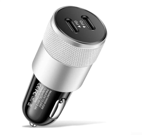 Chargeur de voiture rapide 2,4 A double USB C PD en alliage métallique, compact et adapté pour voitures et SUV 12 V 24 V, fournit une protection contre les surtensions et les courts-circuits (argent)
