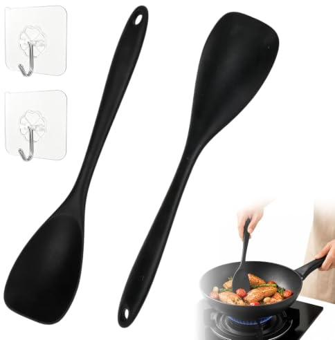 2 Stk Silikon Kochlöffel Set,28,6cm Kochlöffel Kunststoff Hitzebeständig | Silikon Löffel Schwarz, Pfannenwender Schöpflöffel Rührlöffel Küchenlöffel für Antihaftkochgeschirr, Spülmaschinengeeignet