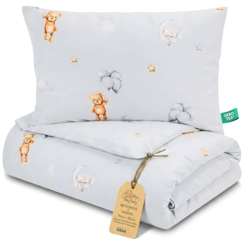 Barntäcke utan överdrag Set 50X70 cm + 40X35 cm bomull – baby täcke med kudde för babysäng spjälsäng småbarn – filt barnfilt Oeko Tex lätt andas varm mjuk hela året Teddybjörnar