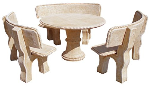 CONJUNTO DE MESA EN PIEDRA REDONDA CON RESPALDO 120cm. MOD.ABETO