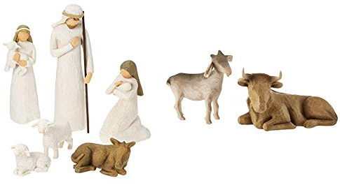 Willow Tree 26180 Weihnachtsartikel Ochse und Ziege + Willow Tree 26005 Weihnachtsartikel Heilige Familie, 5,1 x 7,6 x 24,1 cm, Natur, Holz
