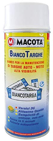 TRS® MACOTA VERNICE BIANCO TARGHE SMALTO SPRAY MANUTENZIONE RINNOVA RIGENERA RAVVIVA TARGA AUTO MOTO CAMPER FURGONE CARAVAN ALTA VISIBILITA' ASCIUGATURA RAPIDA VALVOLA AUTOPULENTE 400 ML
