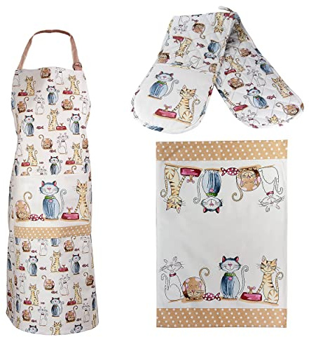 SPOTTED DOG GIFT COMPANY 3er Set - Abtrockentücher Küche, Küchenschürze, doppelter Ofenhandschuhe Hitzebestaendig, Baumwolle mit Katzen-motiv, Geschenke für Katzenliebhaber