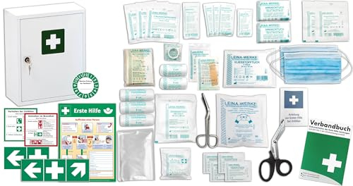 Erste Hilfe Schrank-Medizinschrank-Verbandschrank (300x140x370) -Komplettpaket- Füllung nach AKTUELLER DIN/EN 13157 (Betriebe) + viele Extras INKL. Verbandbuch + Aushang + Folienaufkleber