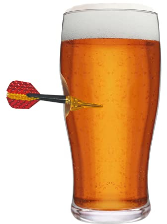 Darts Beer Glass, Made in the UK, 20oz Pint Glass with Real Dart Embedded, Unique Darts Gift for Men, Fathers Day Present.