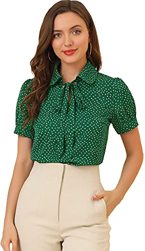 Allegra K Women's Bow Tie Neck Peter Pan Collar Cute Shirt 1950s Retro Polka Dots Chiffon Blouse Large Dark Green-Dots