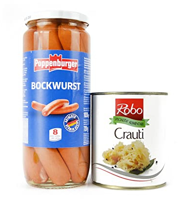 KIT GR 1030 WURSTEL BOCKWURST AFFUMICATO IN LEGNO DI FAGGIO IN VASO VETRO DA 8 PEZZI + GR 770 BARATTOLO CRAUTI PASTORIZZATI