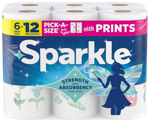 Sparkle Pick-A-Size Paper Towels, Spirited Prints, 6 Double Rolls = 12 Regular Rolls, Everyday Value Paper Towel With Full And Half Sheets