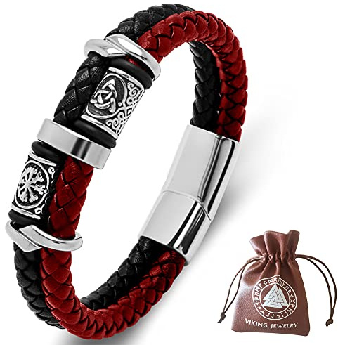 DPGOLDP Wikinger Lederarmband mit Edelstahl Celtic Knot & Vegvisir Runen Perlen Amulett Armbänder für Herren Damen