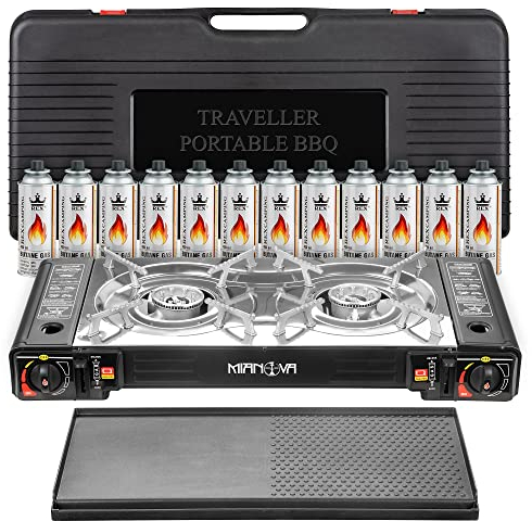 Mianova Campingkocher Outdoor Doppel Gaskocher BBQ Notfallkocher Grill Gaskartuschen Gas Camping Kocher Herd 2 flammig Set Grillplatte Koffer 12 Gasflaschen