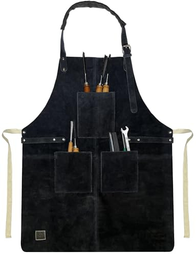 Leder Grillschürze Herren Frauen - Arbeitsschürze mit Werkzeugtaschen XXL | Wildleder, 3 Fronttaschen, Handtuchschlaufen, BBQ, Grillen, Holzarbeit Werkstatt, Verstellbar Kochschürze Geschenk für Männer