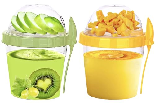 4All Yogurt Cup and Spoon 500ML Reuseable BPA free Breakfast Pot Museli Cup Spoon With Lid Cereal Containers Oatmeal Jars Cereal Container Green,Yellow