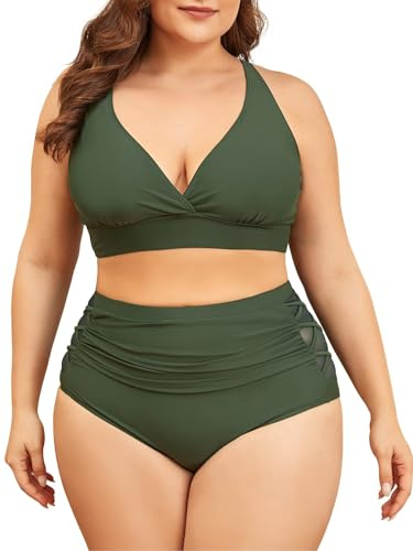 Century Star Bikini Damen Bauchweg Große Brüste Badeanzug V Ausschnitt Bademode Bauchkontrolle Bikini Sets High Waist Armeegrüne L