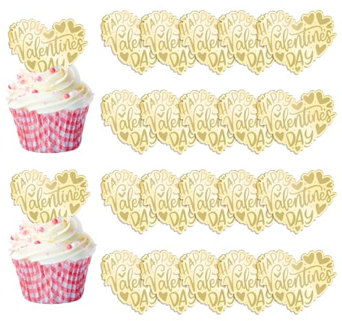 URROMA Love Gold Valentinstag Happy Acryl Cupcake Topper, 20 Stück Herz Kuchen Topper Valentinstag Kuchen Topper Acryl Kuchen Party Herz Dekorationen für Valentinstag Hochzeit Jahrestag