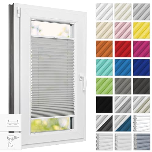 Estika Plissee mit Bohren 65 cm x 100 cm - Hellgrau - Rollos für Fenster, Jalousien Fenster für innen, Raffrollo, Fenster plissee