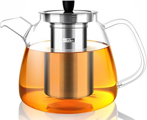 Aquach 42oz Glass Teapot with Removable Infuser - Stovetop & Dishwasher Safe Tea Kettle, Borosilicate Glass Pot for Hot & Iced Tea, Perfect for 2-4 People