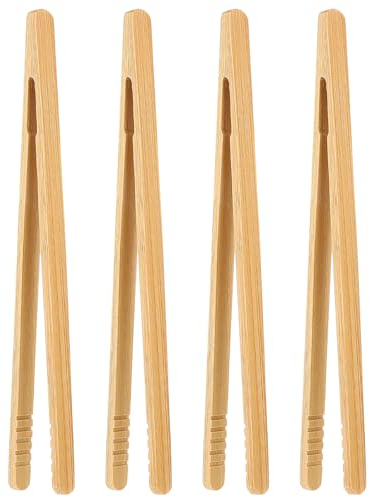PEOVLVN 4 Stück Toast Tongs Servierzange Zangen Bambus-Toastzange,Rutschfestem Grillzange Holz,Wiederverwendbare Holzzange,Mini-Holz-Kochzange Kleine Küchenzange Für Salat, Grillen, Braten-17.8cm