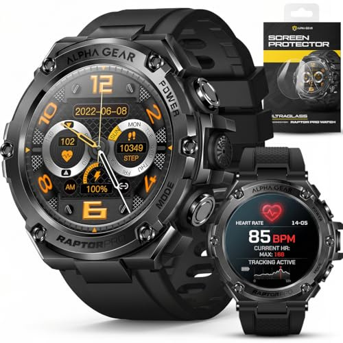 ALPHAGEAR Raptor PRO Smartwatch for iPhone & Android, Rugged Smart Watch (Answer/Make Call), Wellness Tracker with 1.58 AMOLED Screen, 10-14 Days Battery, 5 ATM (2xScreen Protector Included)